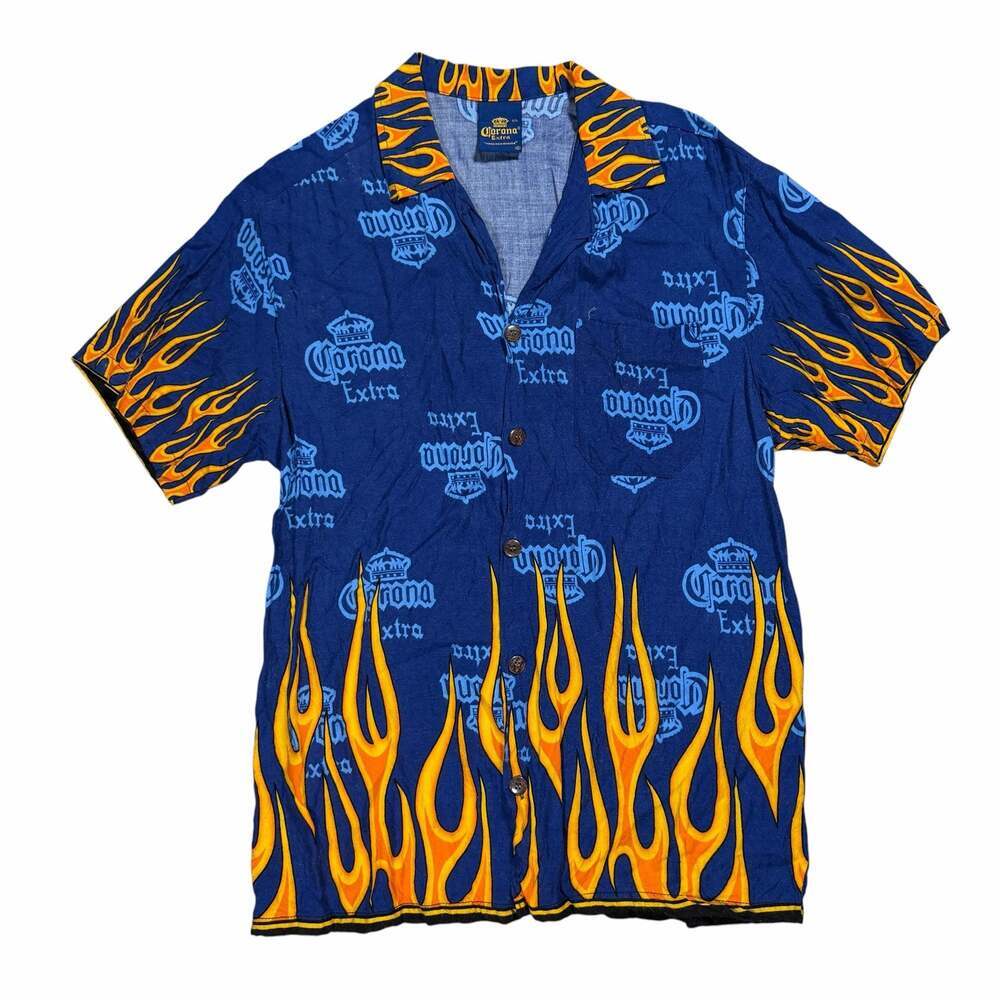 Vintage 90s Corona Extra All-Over Print Flame Button-Up Short Sleeve Shirt Small